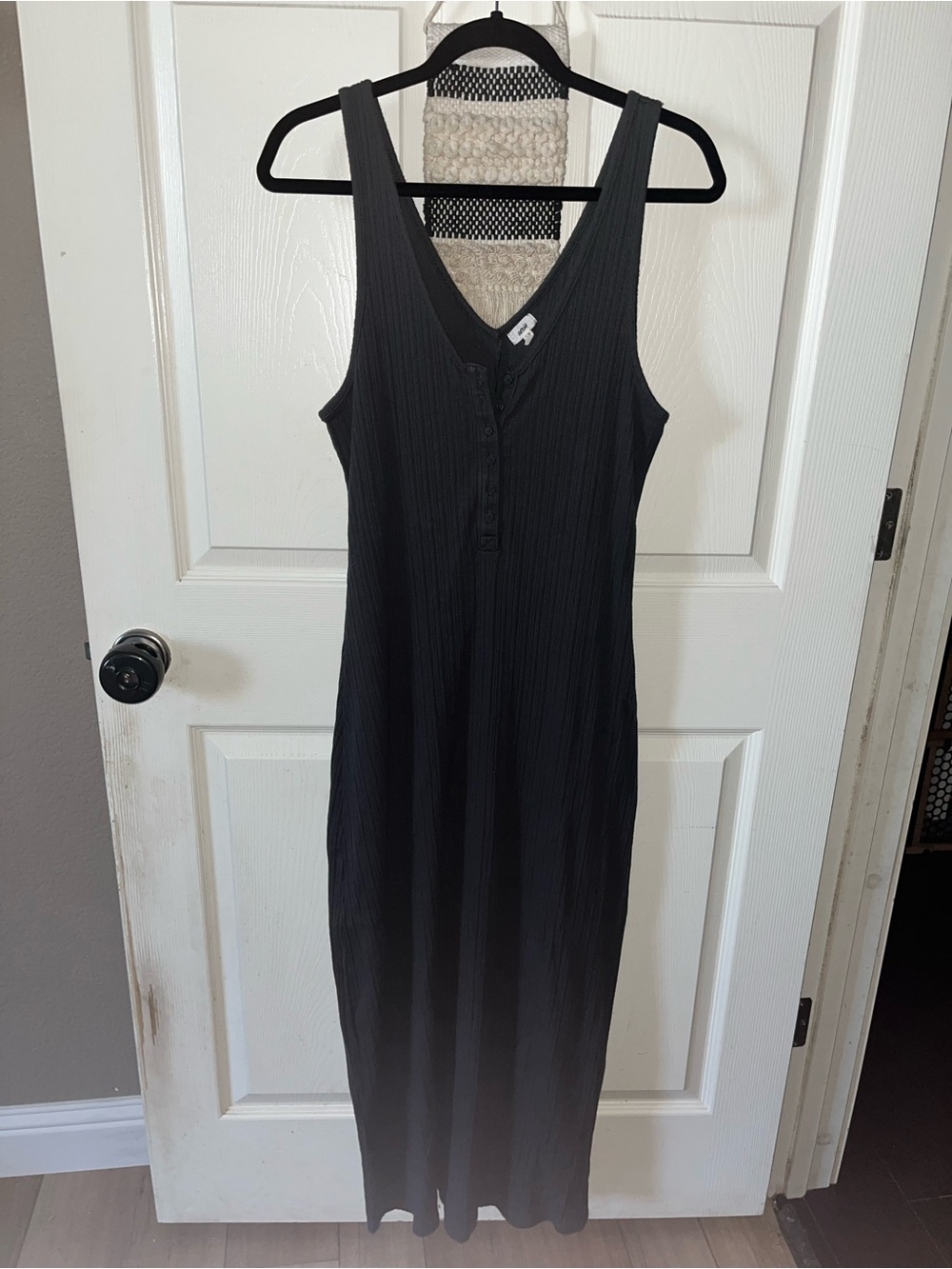 aerie Black Ribbed Tank Maxi Dress with Button Front